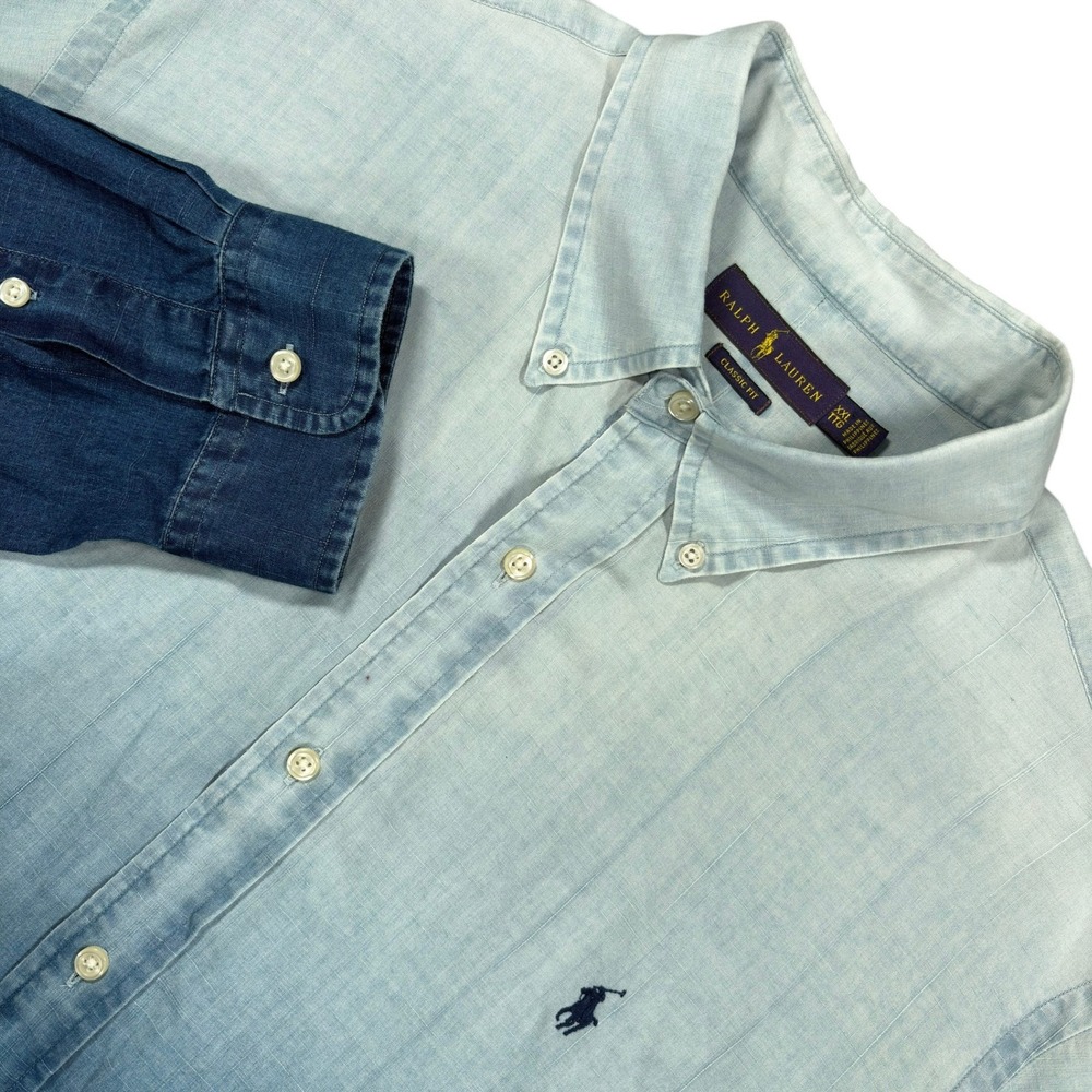 Ralph Lauren Linen Blend Button Down Shirt Mens XXL Blue Dip Ombre Classic Fit